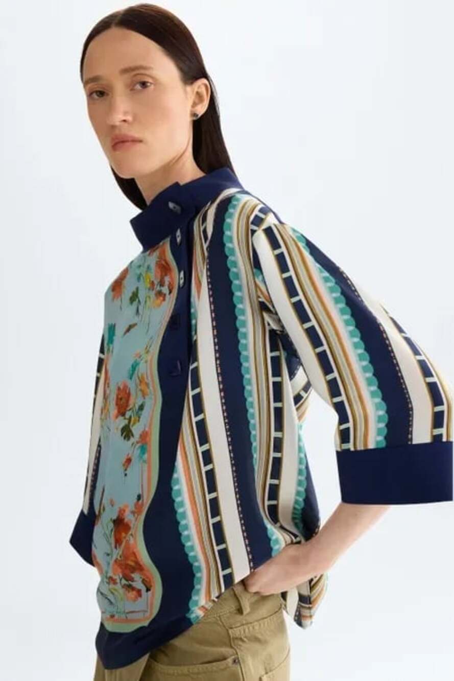 Purificacion Garcia Print Twill Stretch Knit Oversize Blouse Blue/Multicolor